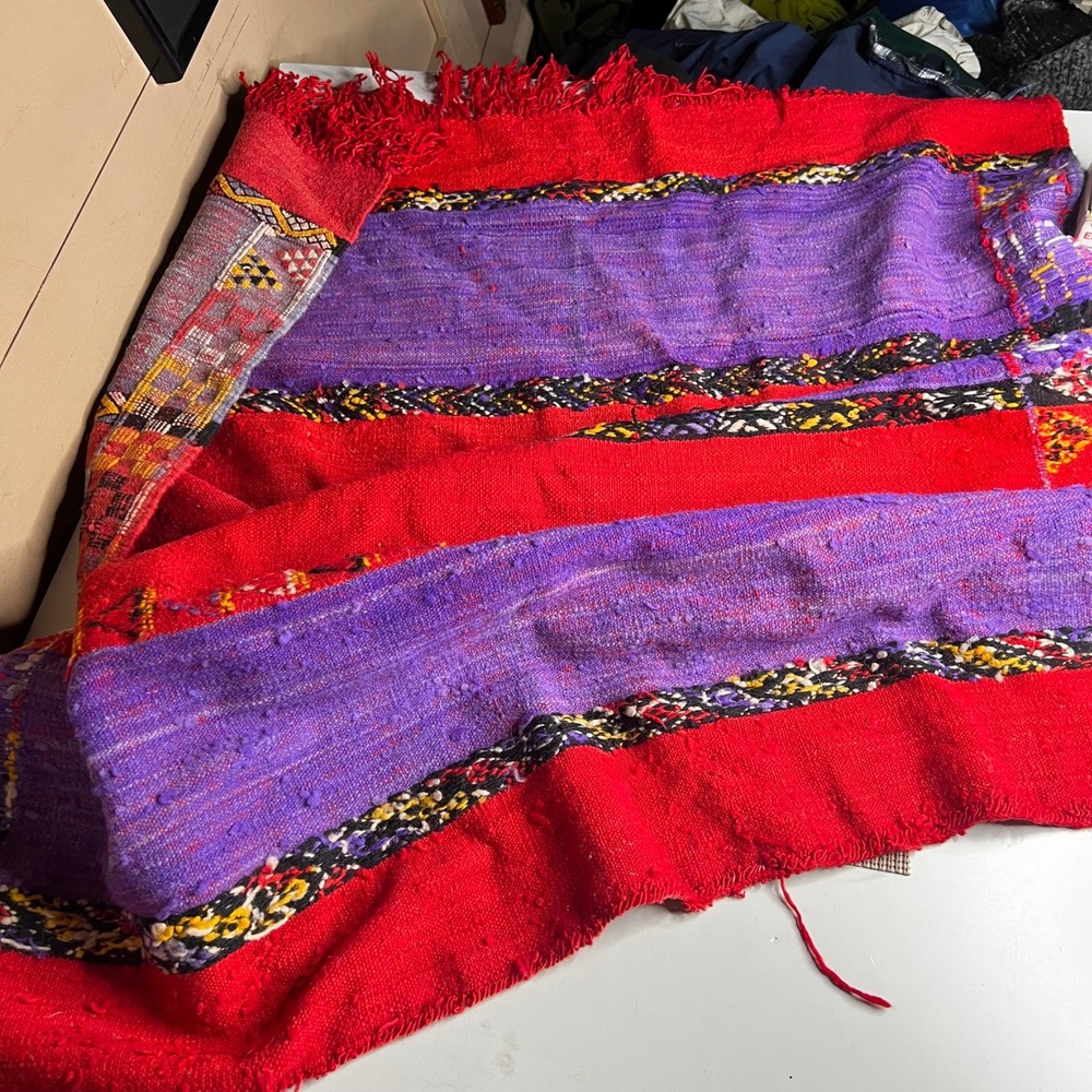 Vintage Quilt Handwoven Wool Rug Red Purple Southwestern Geometric Textile 60x28